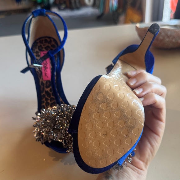 Betsey Johnson Cobalt Blue Velvet Jeweled T-Strap Heels - Picture 7 of 7